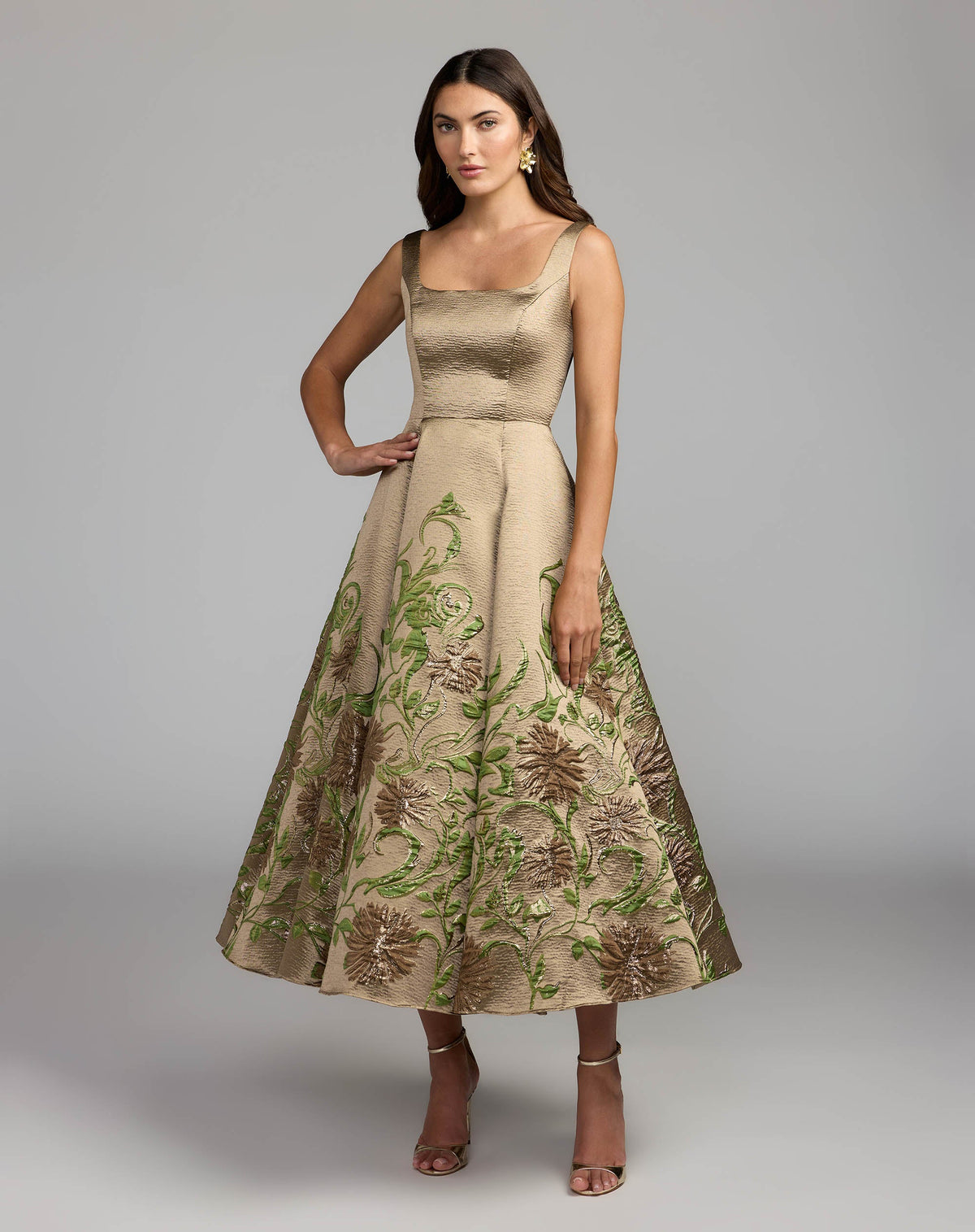 Gold floral brocade A-line midi dress