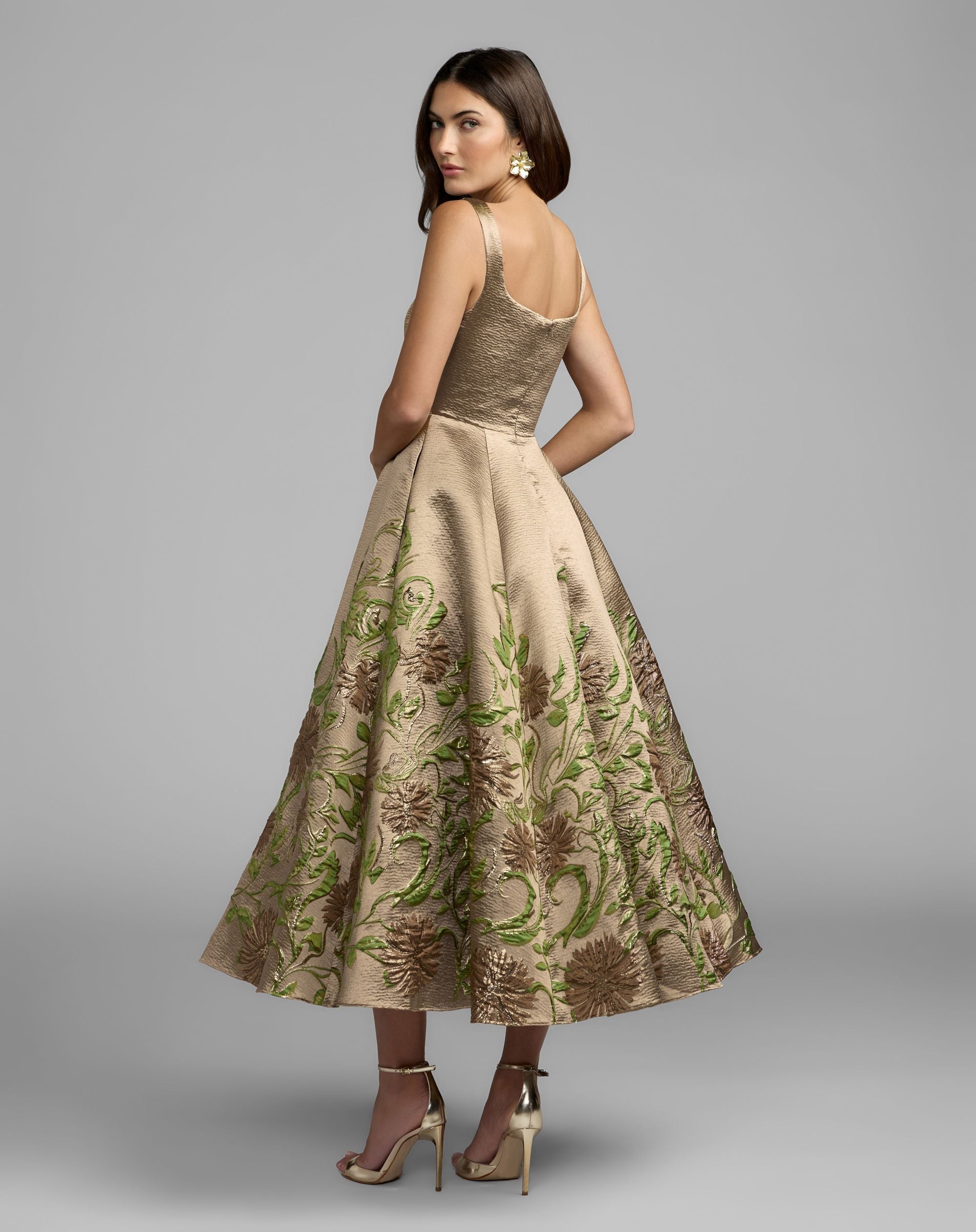 Gold Floral Brocade A-Line Midi Dress