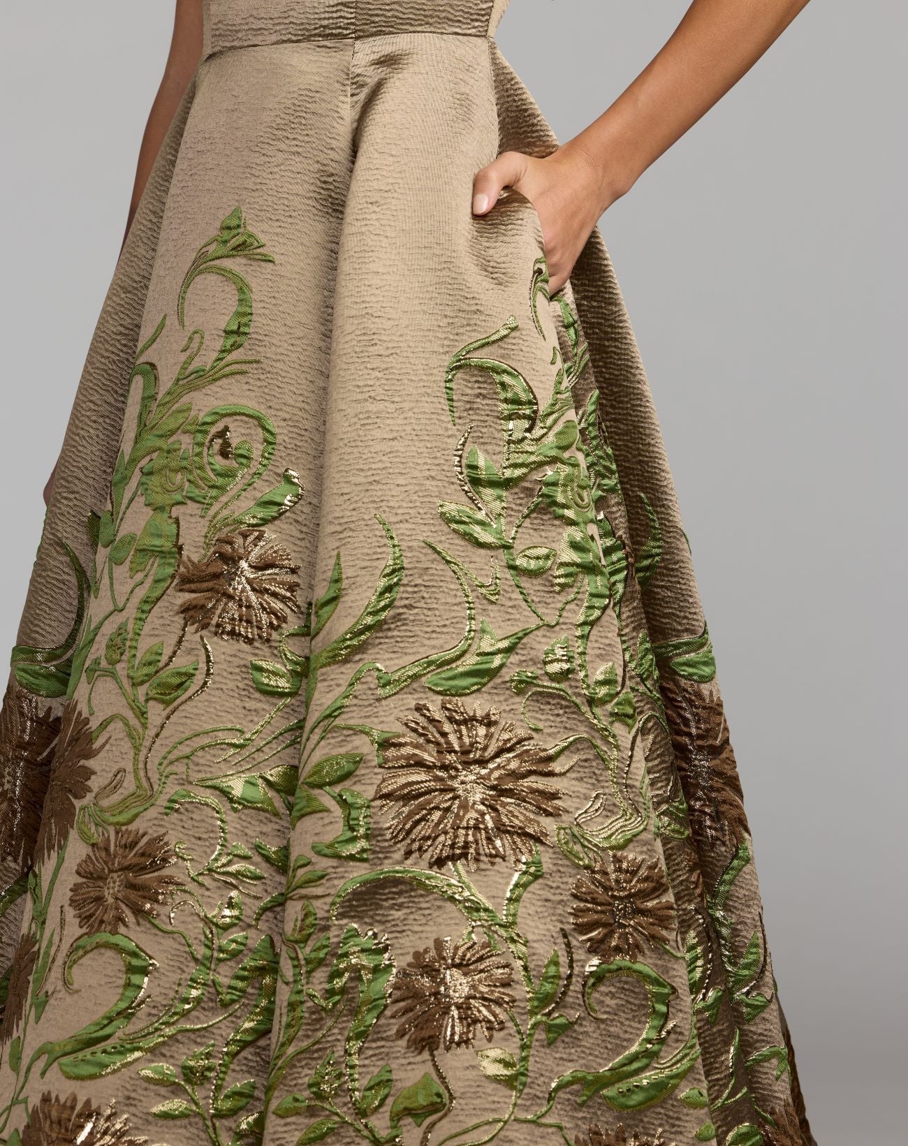 Gold Floral Brocade A-Line Midi Dress