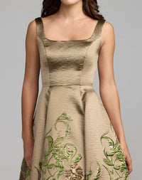 Gold Floral Brocade A-Line Midi Dress