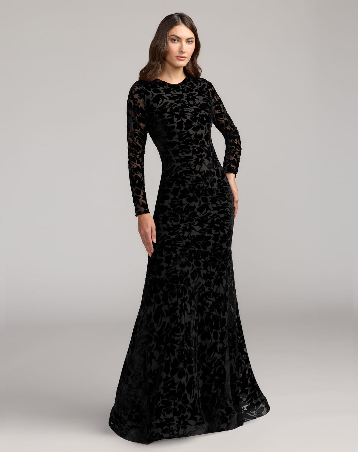 Mac Duggal 69323 Black high neck long sleeve floral velvet gown - Front