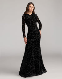 Mac Duggal 69323 Black high neck long sleeve floral velvet gown - Front