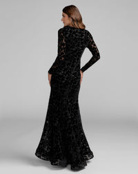 Mac Duggal 69323 Black high neck long sleeve floral velvet gown - Back view