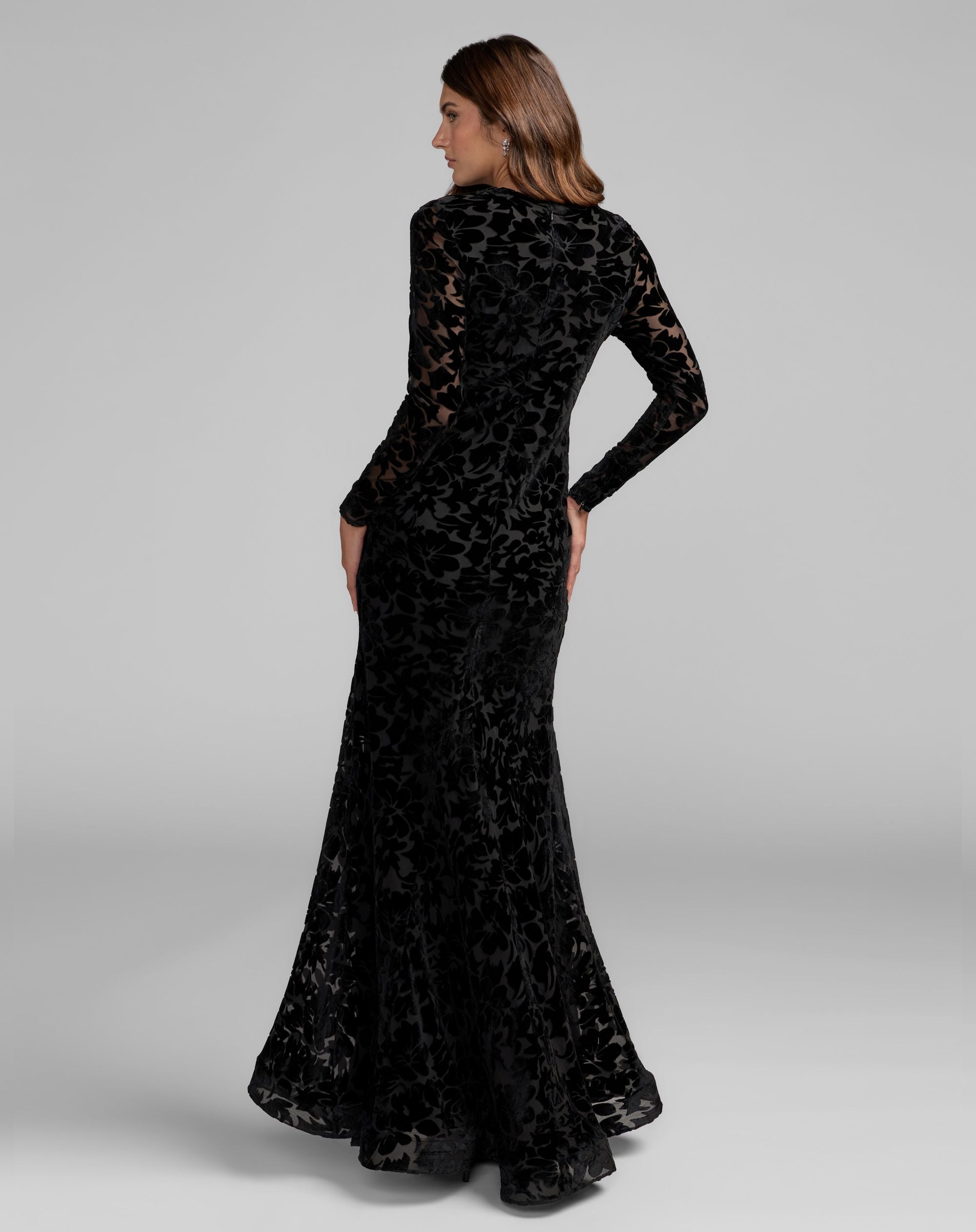 Mac Duggal 69323 Black high neck long sleeve floral velvet gown - Back view