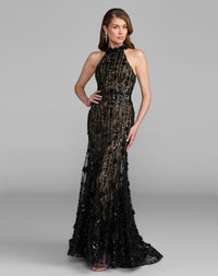 Mac Duggal #69325 black nude embellished lace halter mermaid gown front