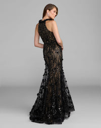 Mac Duggal #69325 black nude embellished lace mermaid gown back