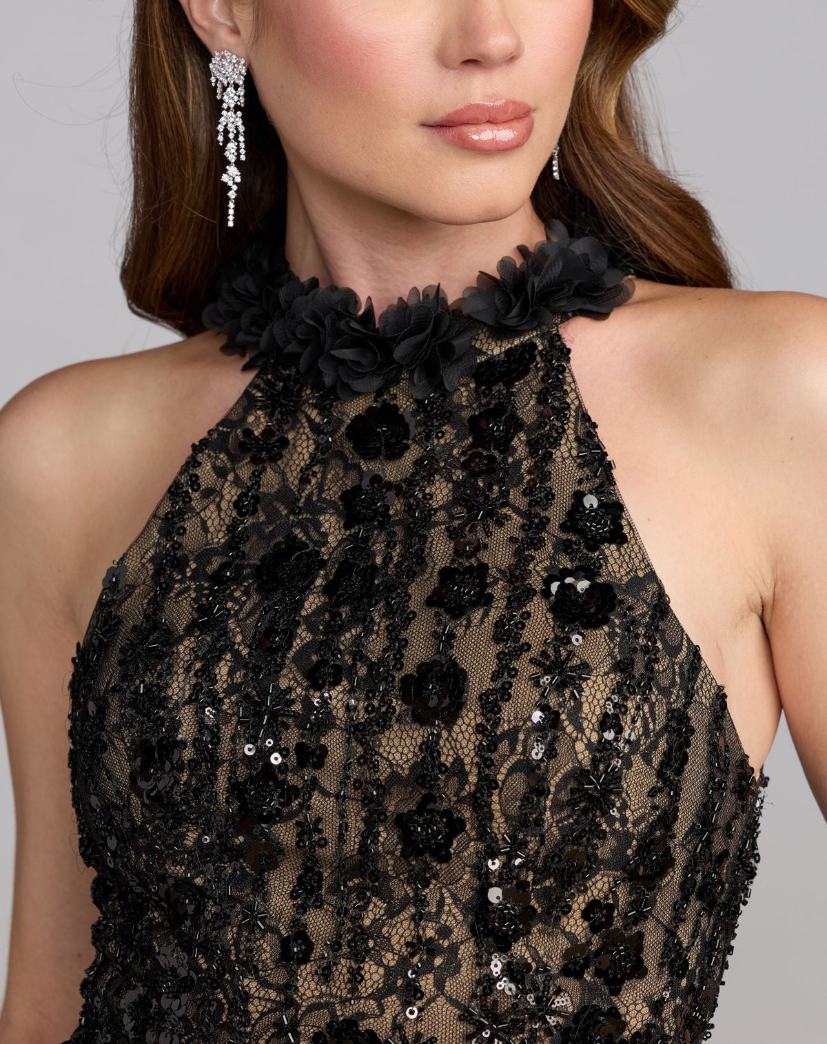 Mac Duggal #69325 black nude embellished lace close-up