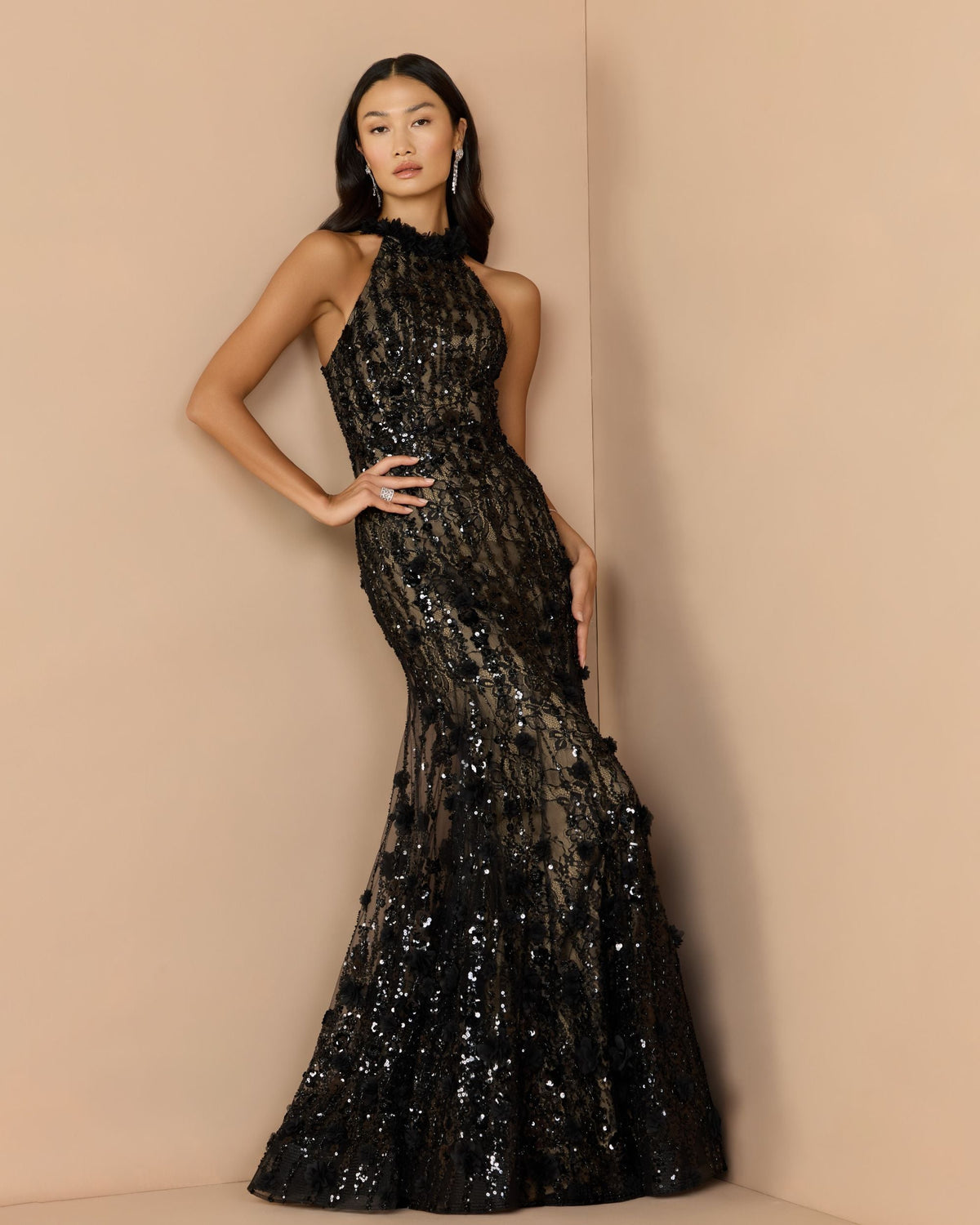 Mac Duggal #69325 black nude mermaid gown lifestyle