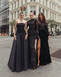 Mac Duggal #27875 black nude embroidered lace velvet long sleeve gown lifestyle