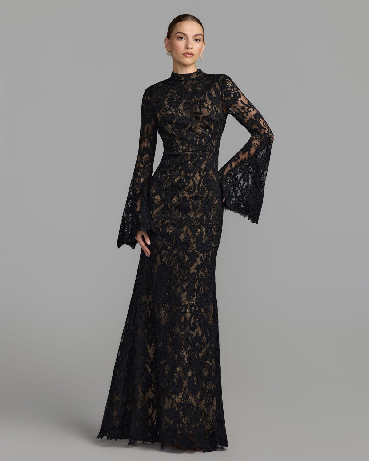 Mac Duggal #69425 black nude mock neck long sleeve lace gown