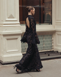 Mac Duggal #69425 black lace gown lifestyle back view
