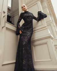 Mac Duggal #69425 black nude lace trumpet gown lifestyle