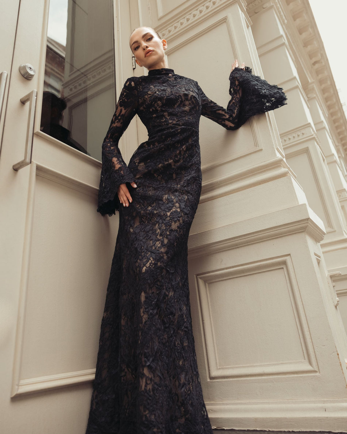 Mac Duggal #69425 black nude lace trumpet gown lifestyle