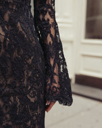 Mac Duggal #69425 black lace gown lifestyle close-up
