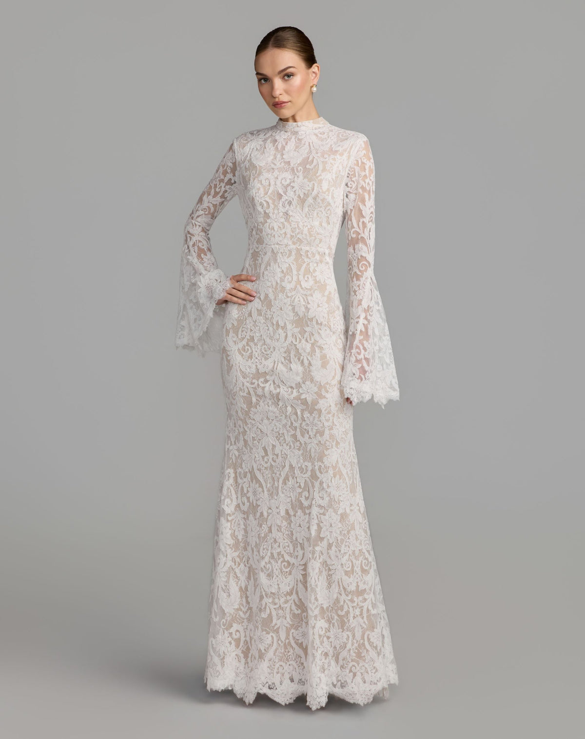 Mac Duggal #69425 ivory nude mock neck long sleeve lace gown