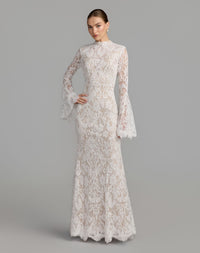 Mac Duggal #69425 ivory nude mock neck long sleeve lace gown
