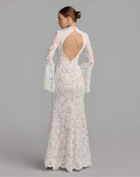 Mac Duggal #69425 ivory nude mock neck long sleeve lace gown back view