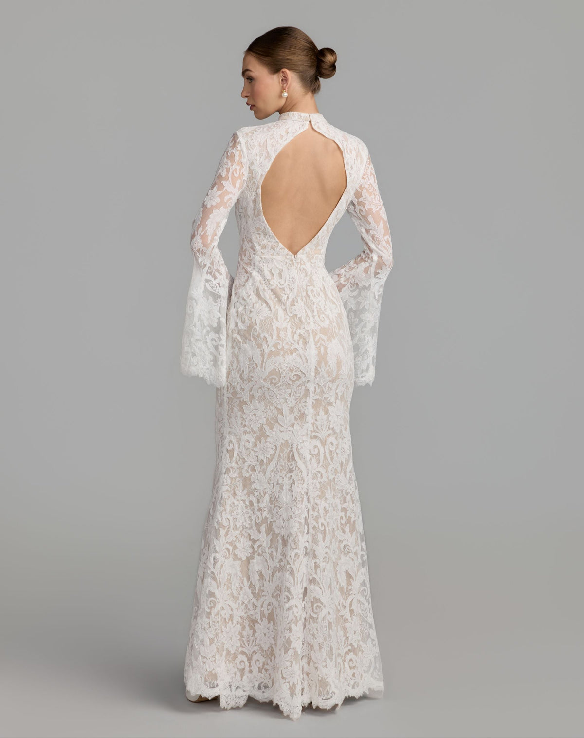 Mac Duggal #69425 ivory nude mock neck long sleeve lace gown back view