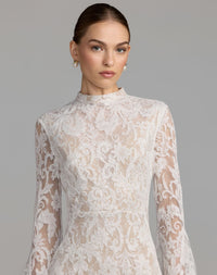 Mac Duggal #69425 ivory nude mock neck long sleeve lace gown close-up