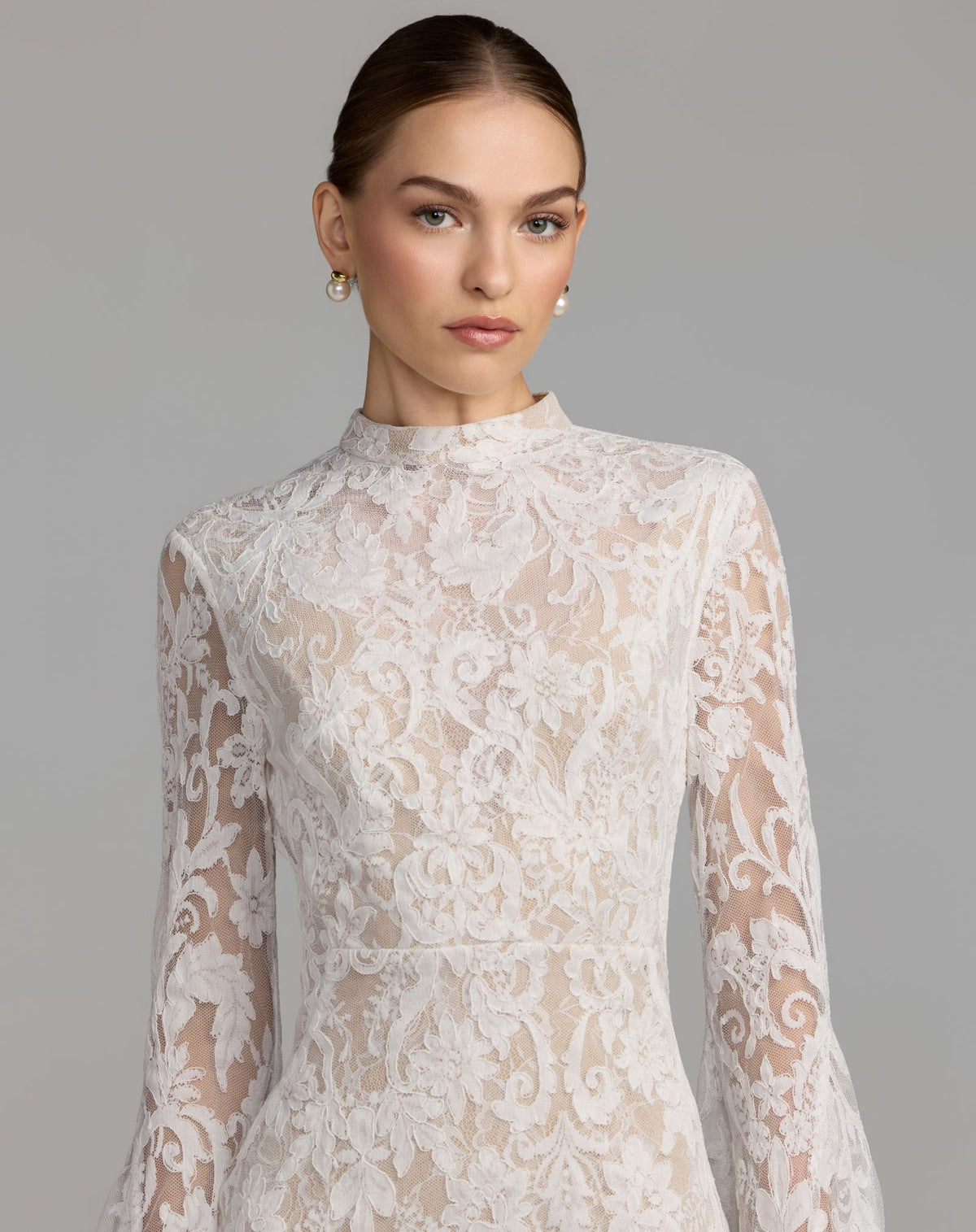 Mac Duggal #69425 ivory nude mock neck long sleeve lace gown close-up