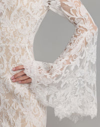 Mac Duggal #69425 ivory nude mock neck long sleeve lace gown close-up