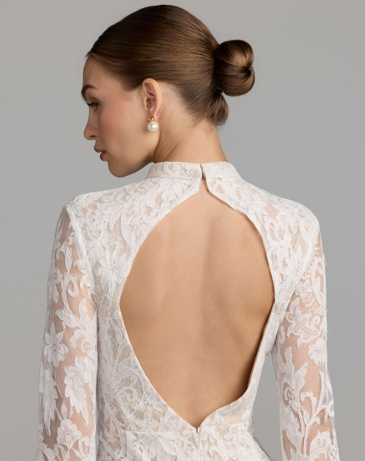 Mac Duggal #69425 ivory nude mock neck long sleeve lace gown close-up