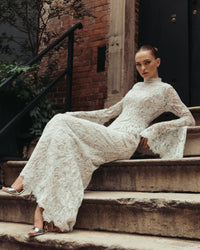 Mac Duggal #69425 ivory nude mock neck long sleeve lace gown lifestyle