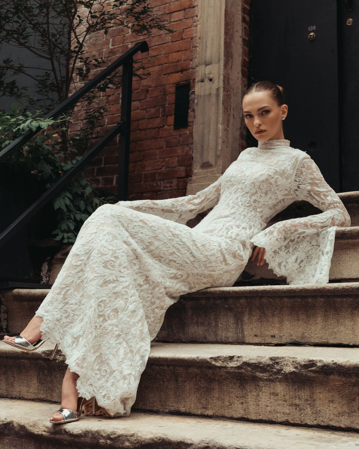 Mac Duggal #69425 ivory nude mock neck long sleeve lace gown lifestyle