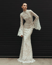 Mac Duggal #69425 ivory nude mock neck long sleeve lace gown lifestyle