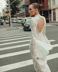 Mac Duggal #69425 ivory nude mock neck long sleeve lace gown lifestyle