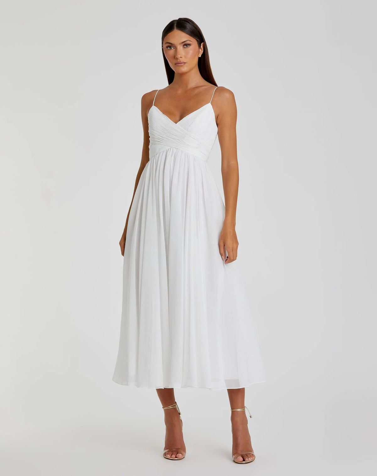 Mac Duggal #70099 white faux wrap sleeveless flowy midi dress