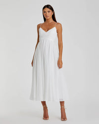 Mac Duggal #70099 white faux wrap sleeveless flowy midi dress