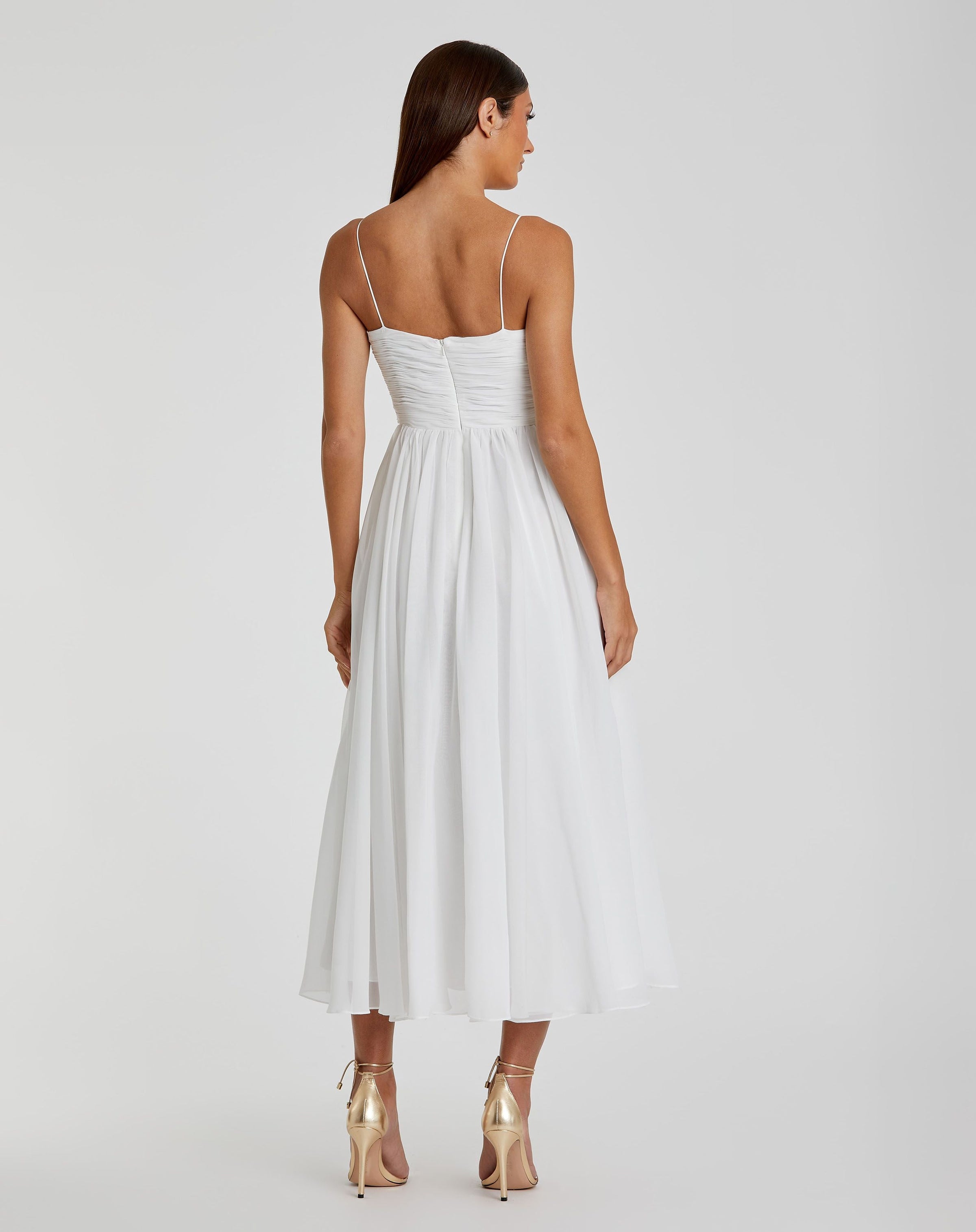 Mac Duggal #70099 white faux wrap sleeveless flowy midi dress