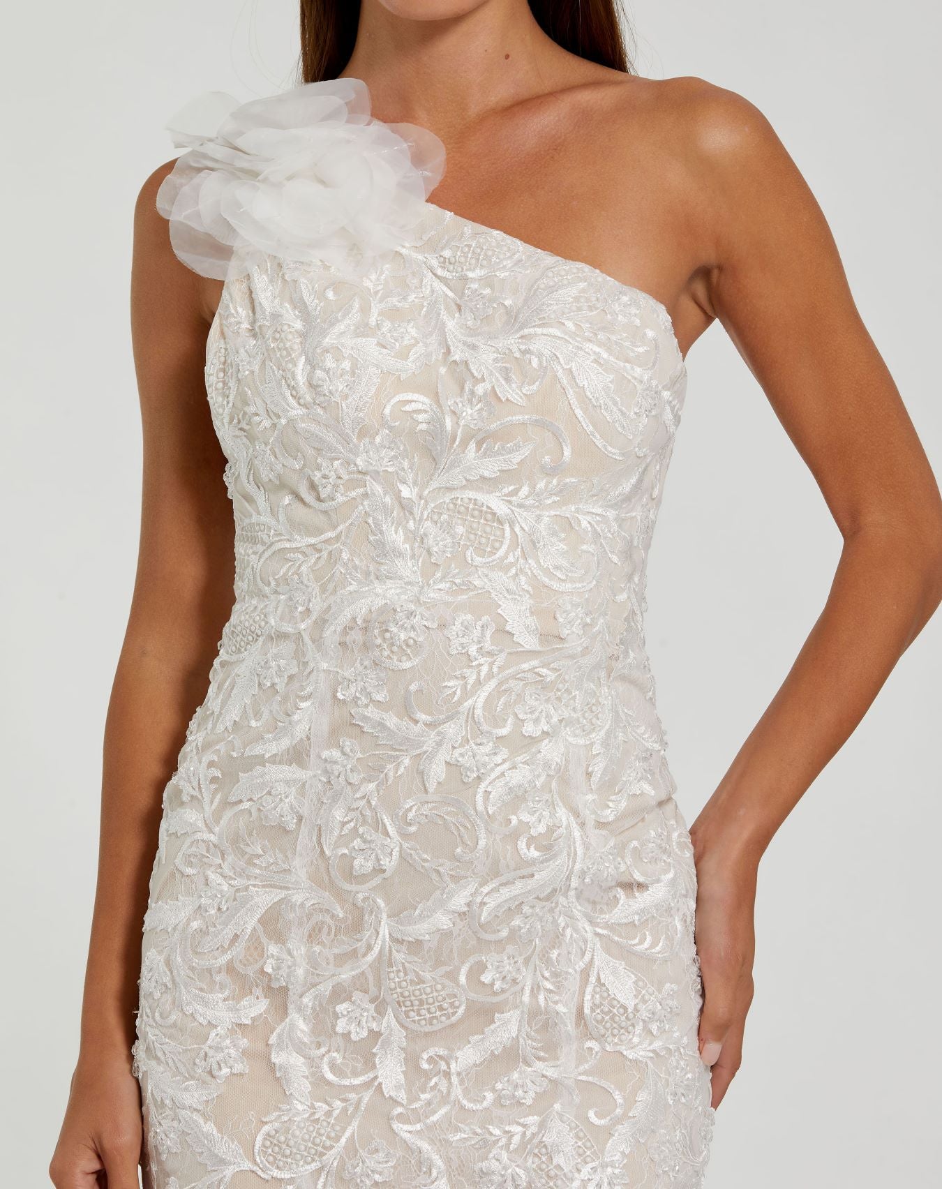 mac duggal white mermaid dress Mac Duggal Ieena 67156 One Shoulder Ruffled Mermaid Gown, White, 8