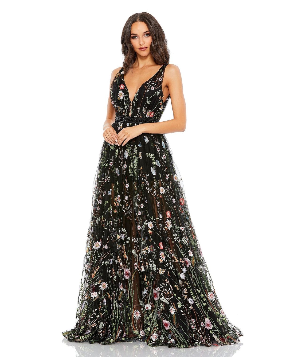 mac duggal, Floral embroidered sleeveless A Line gown - Black, Style #70132