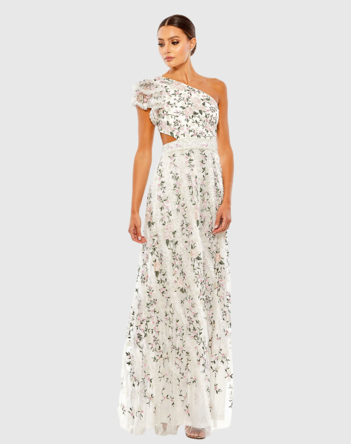 Mac Duggal #70160 Embroidered Ruffled One Shoulder Lace Up Gown, Ivory