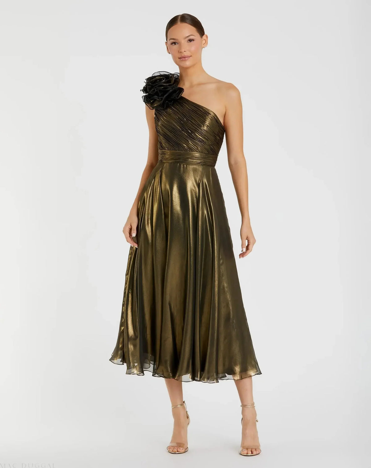 Mac Duggal Gold Rosette One Shoulder Tea Length Dress Antique Gold #70173