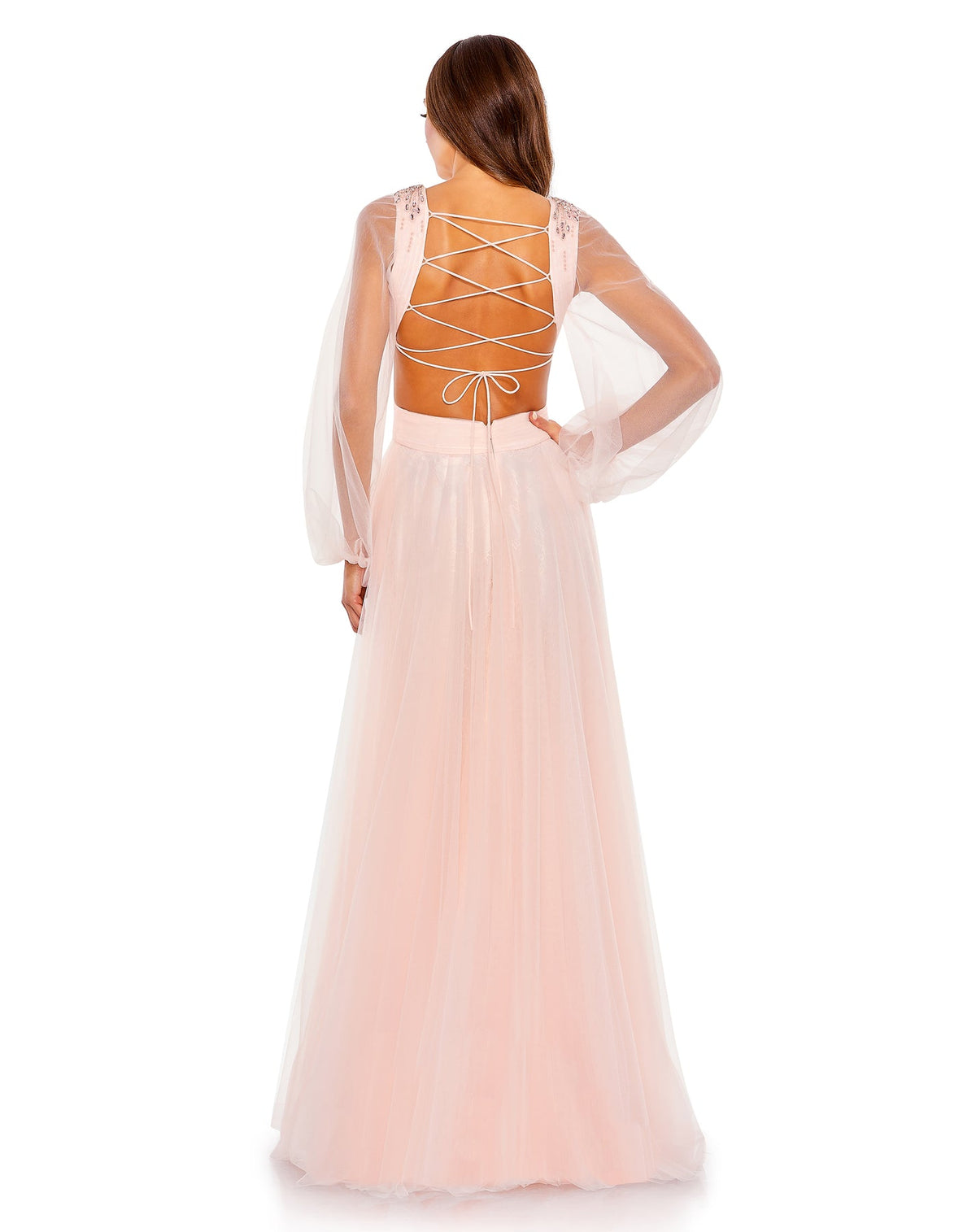 Mac Duggal, TULLE SHEER LONG SLEEVE CUT OUT LACE UP A LINE GOWN, blush back view