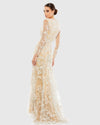Embroidered V Neck Long Sleeve Trumpet Gown - Nude