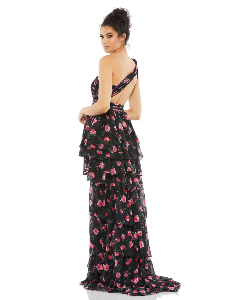Style #70246 Designer: Mac Duggal ONE SHOULDER RUFFLED ROSE PRINT LAYERED HIGH-LOW DRESS back