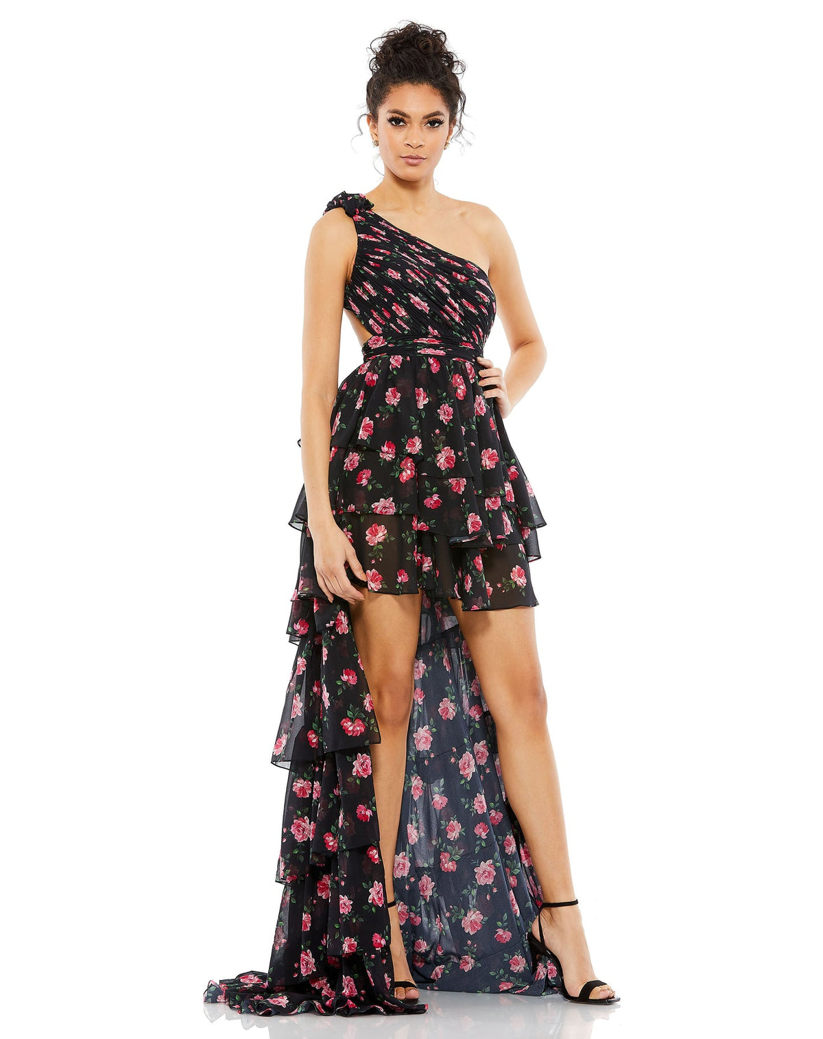 Style #70246 Designer: Mac Duggal ONE SHOULDER RUFFLED ROSE PRINT LAYERED HIGH-LOW DRESS