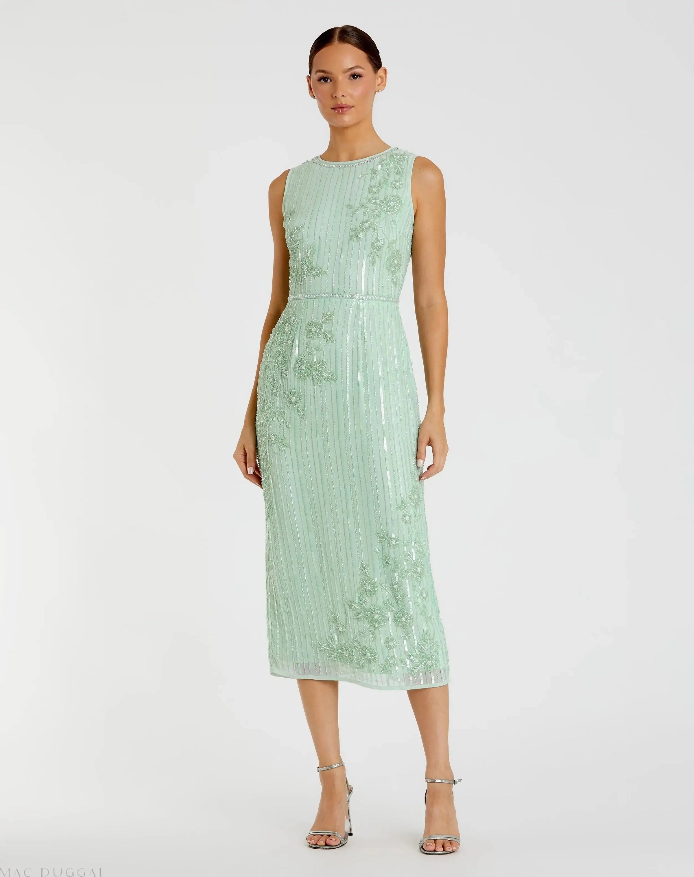 Green Striped Floral Embellished Sleeveless Midi Dress