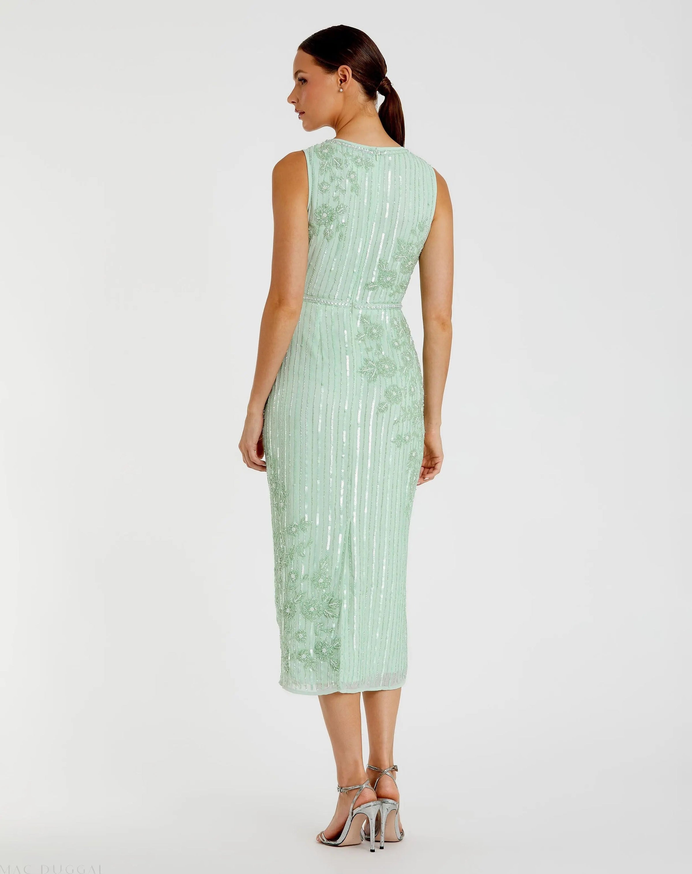 Green Striped Floral Embellished Sleeveless Midi Dress - Back