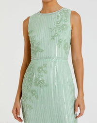 Green Striped Floral Embellished Sleeveless Midi Dress - Close Up