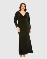 Mac Duggal #77024 black long crystal detail sleeve V neck gown