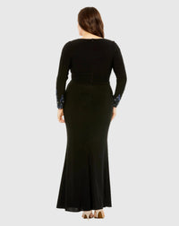 Mac Duggal #77024 black long crystal detail sleeve V neck gown