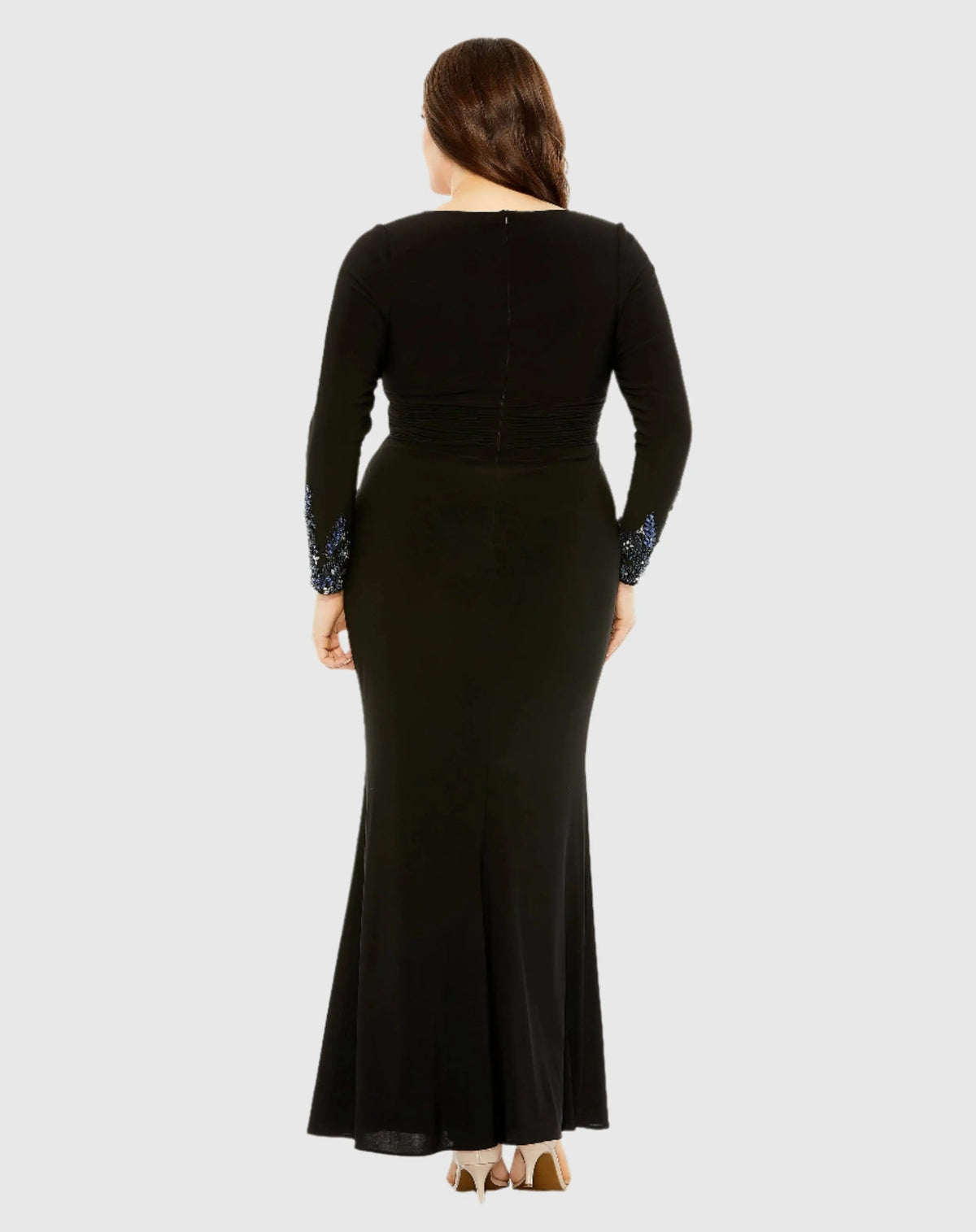 Mac Duggal #77024 black long crystal detail sleeve V neck gown