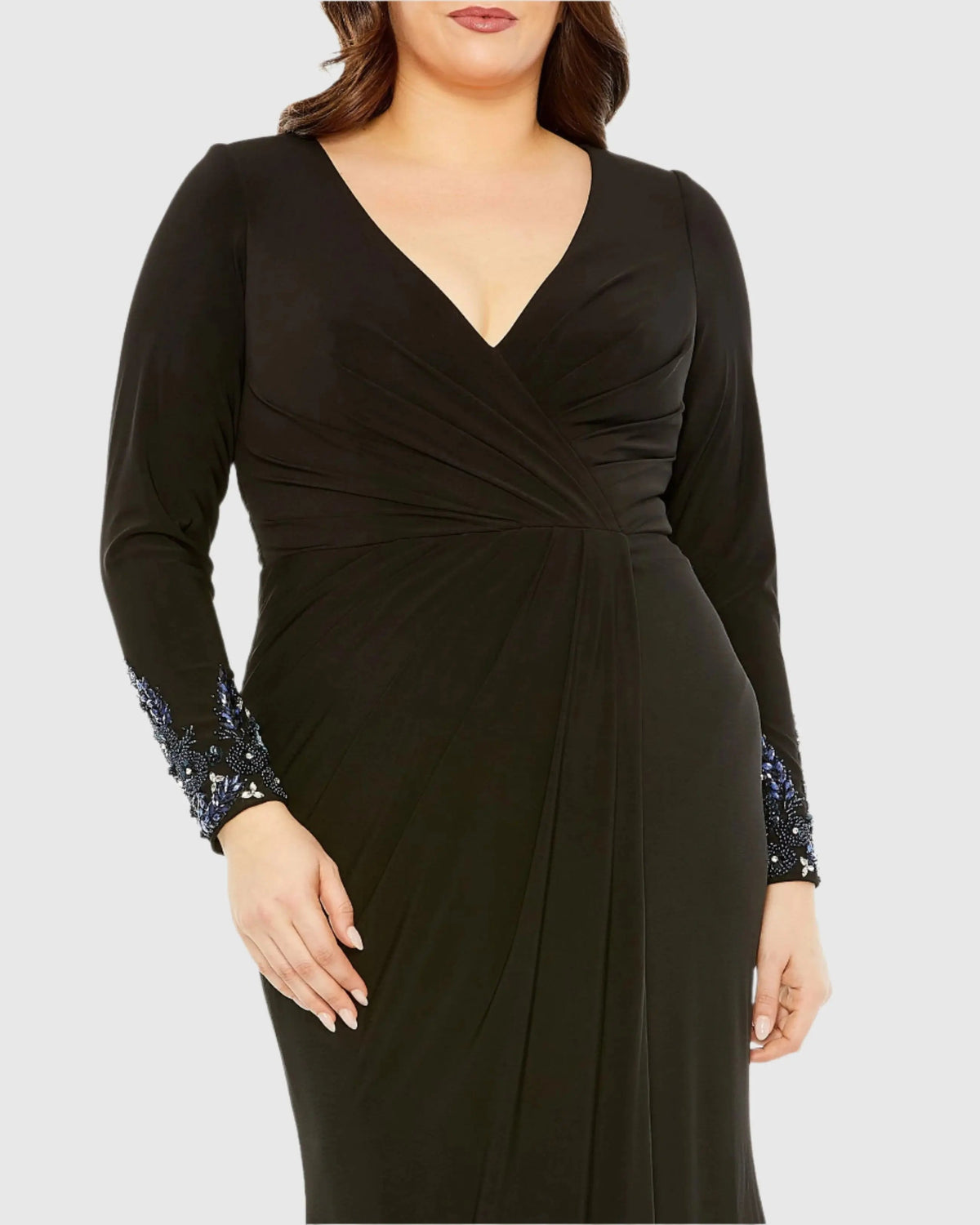 Mac Duggal #77024 black long crystal detail sleeve V neck gown