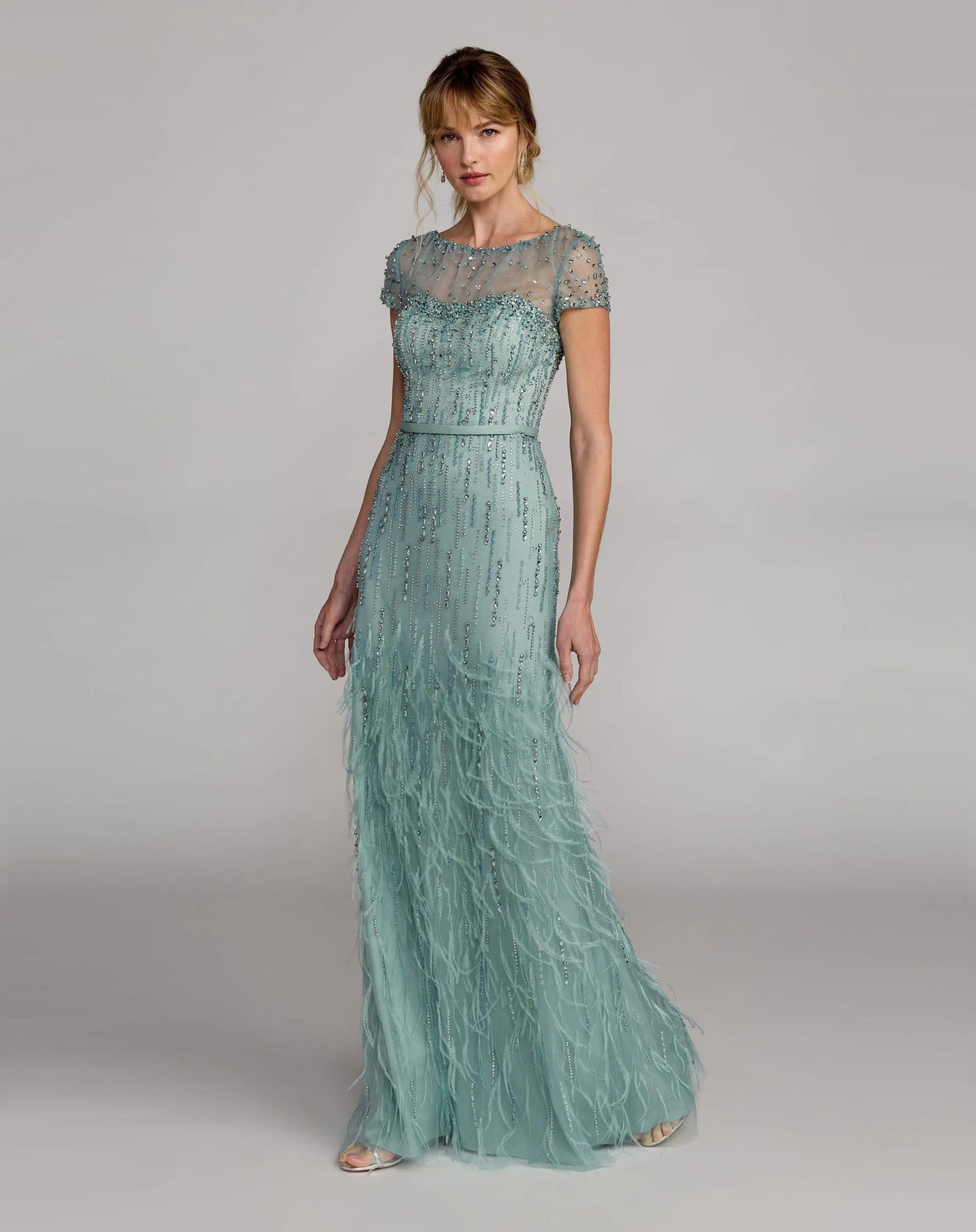 Mac Duggal Blue Rhinestone Embellished Illusion Neck Feather Gown Seafoam Style #77100