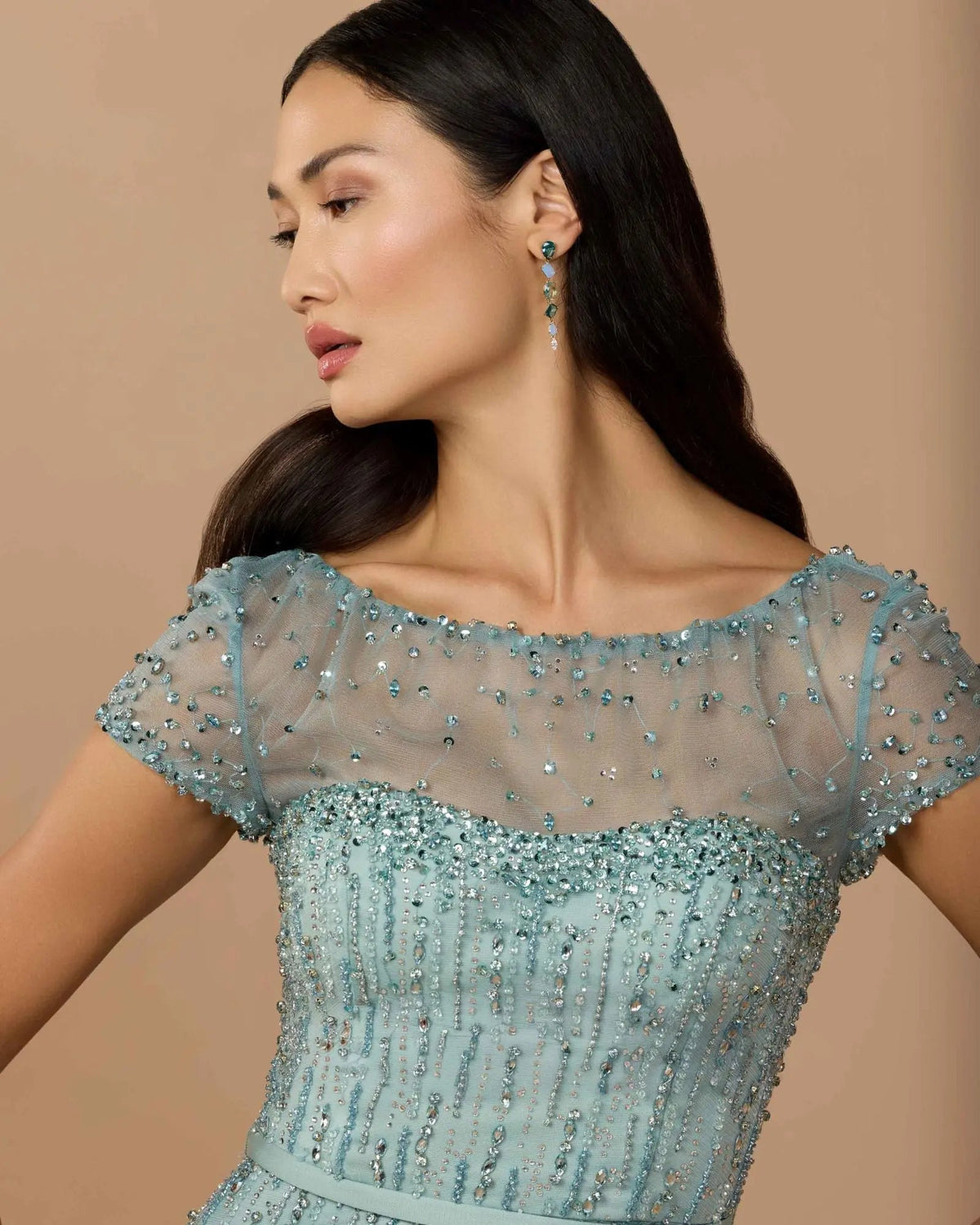 Detailed studio profile shot emphasizing the bodice sparkle and sheer cap sleeve detail.